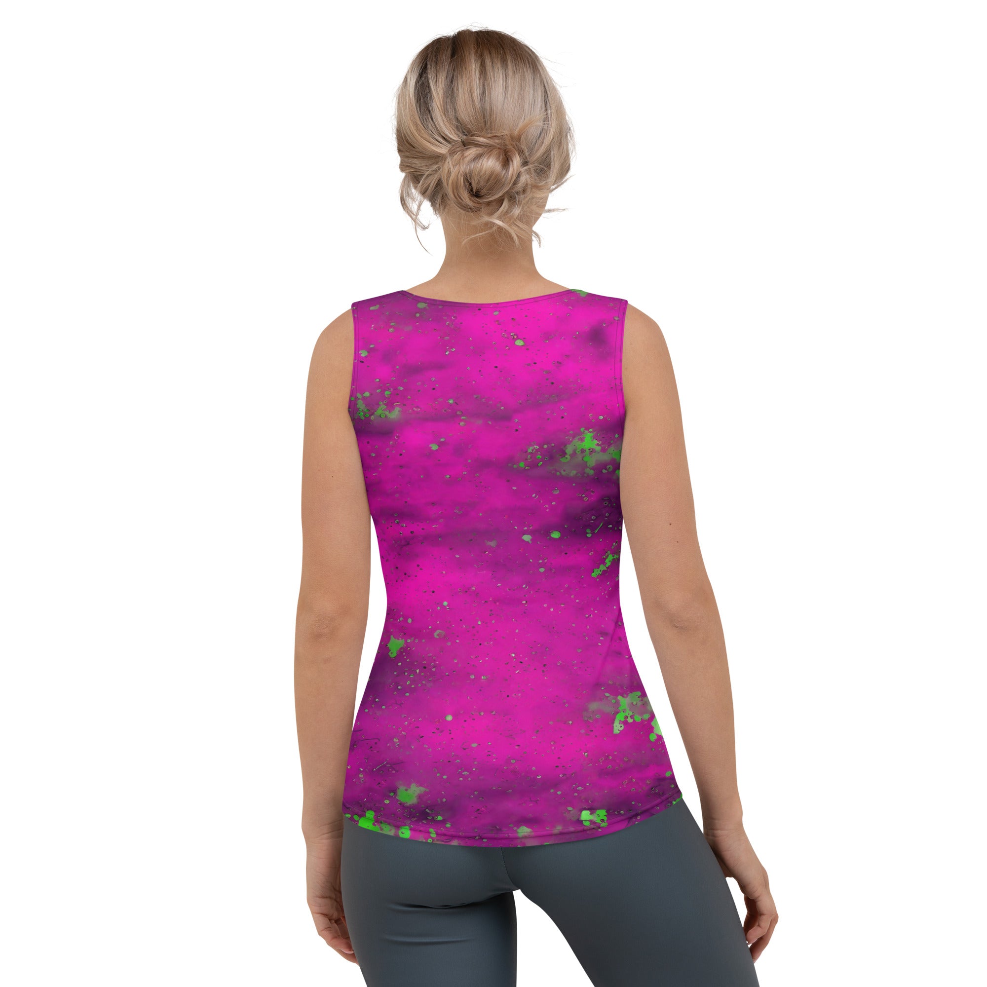 Chic wine spill pattern on elegant women's tank top.