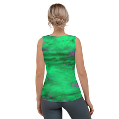 Artistic watercolor design on women's tank top.