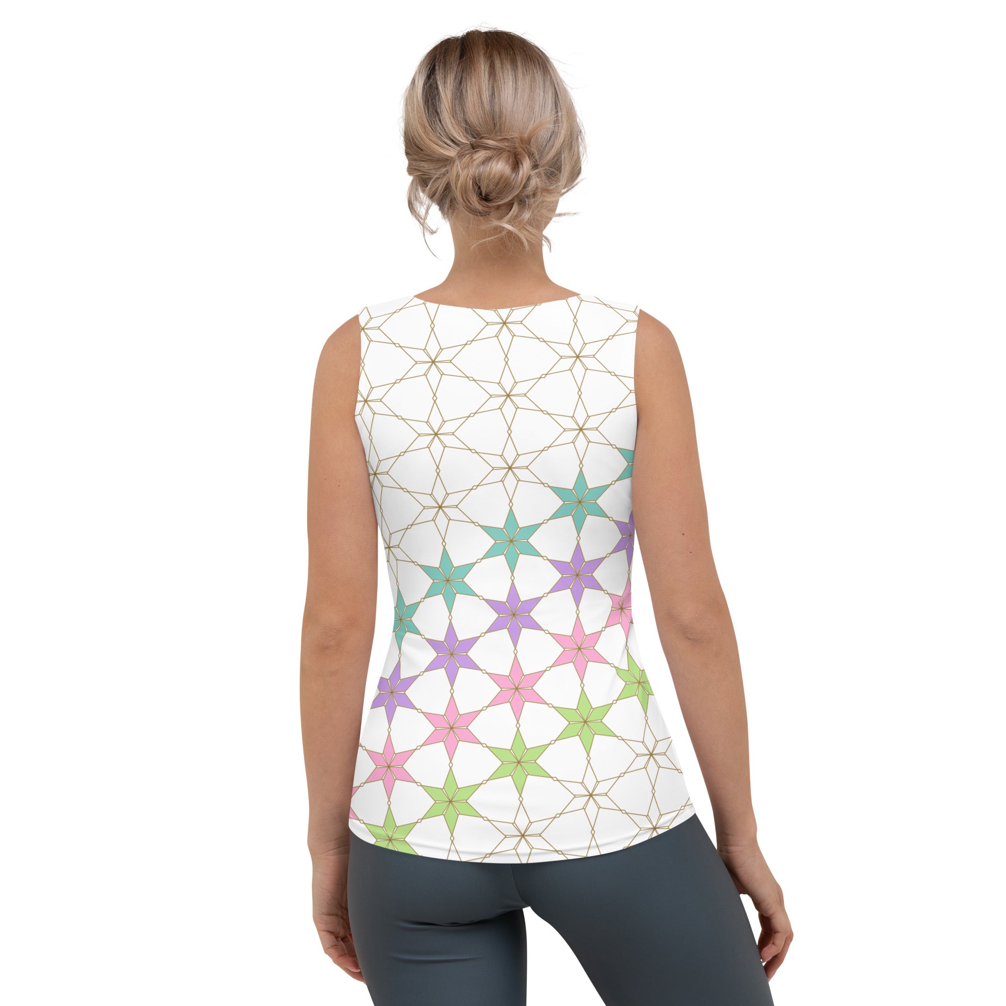 Geometric Garden tank top displayed on mannequin.