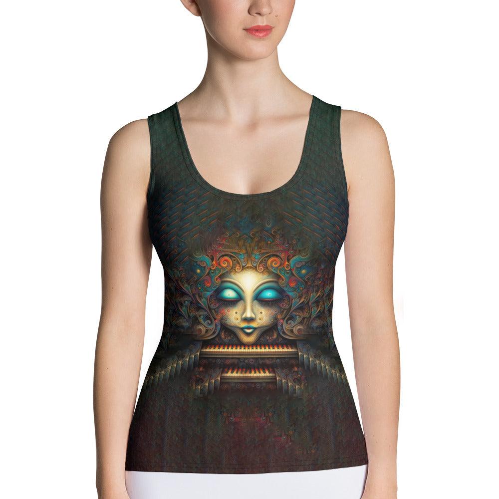 Vintage Visions sublimated tank top with colorful patterns.