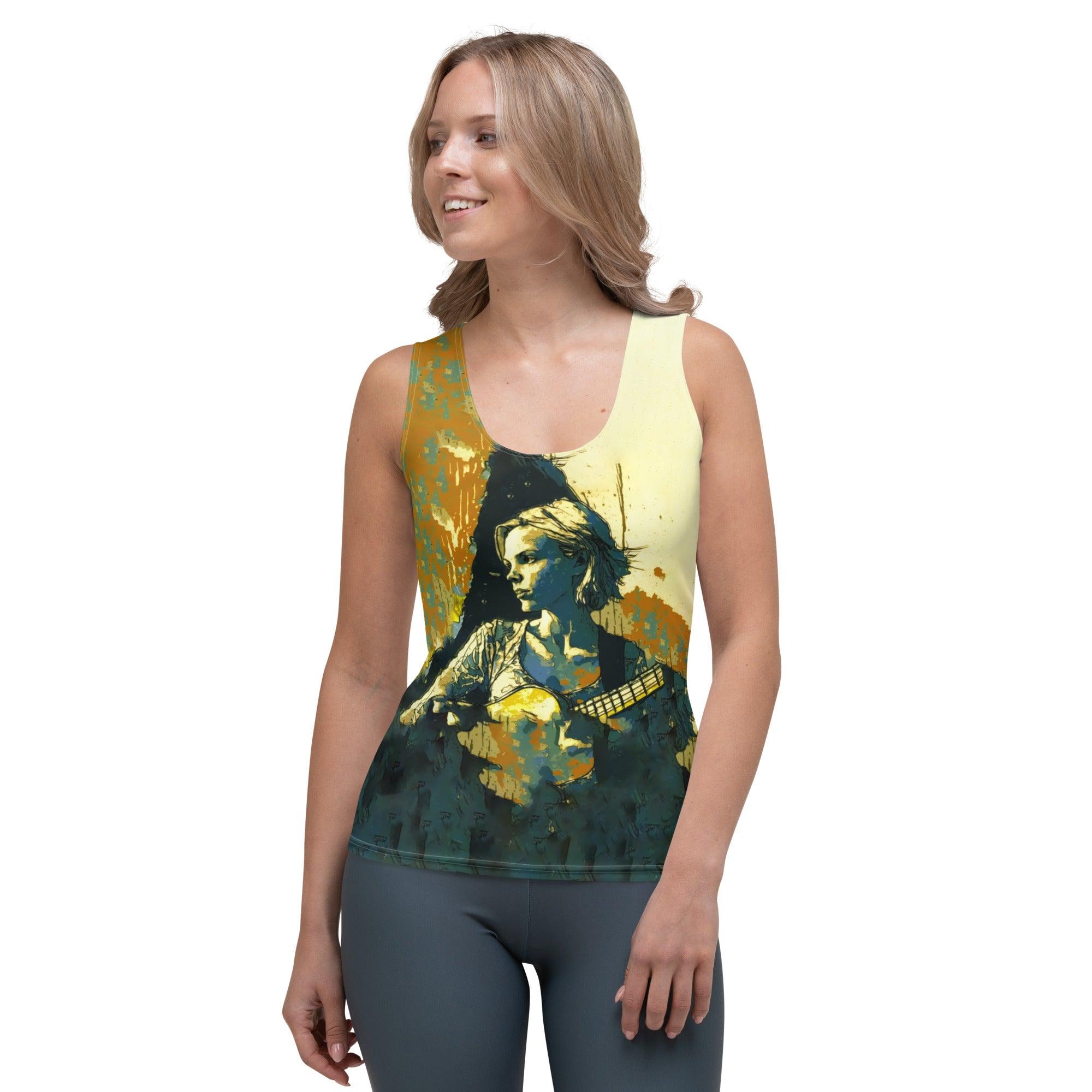 Model wearing SurArt 85 sublimation tank in a stylish pose