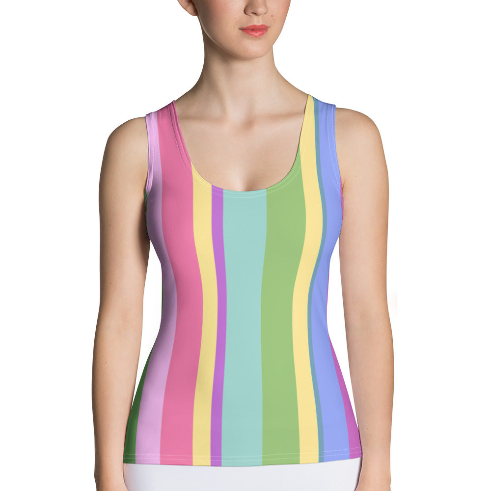 Women's tank top with sunset horizon stripes design, showcasing vibrant colors.