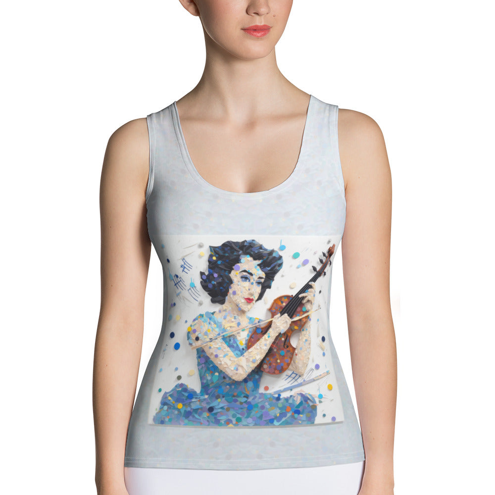 Woman wearing Majestic Peacock Tank Top, showcasing front design.