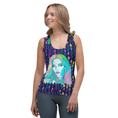 Whimsical Pop patterned women's tank top on a white background.