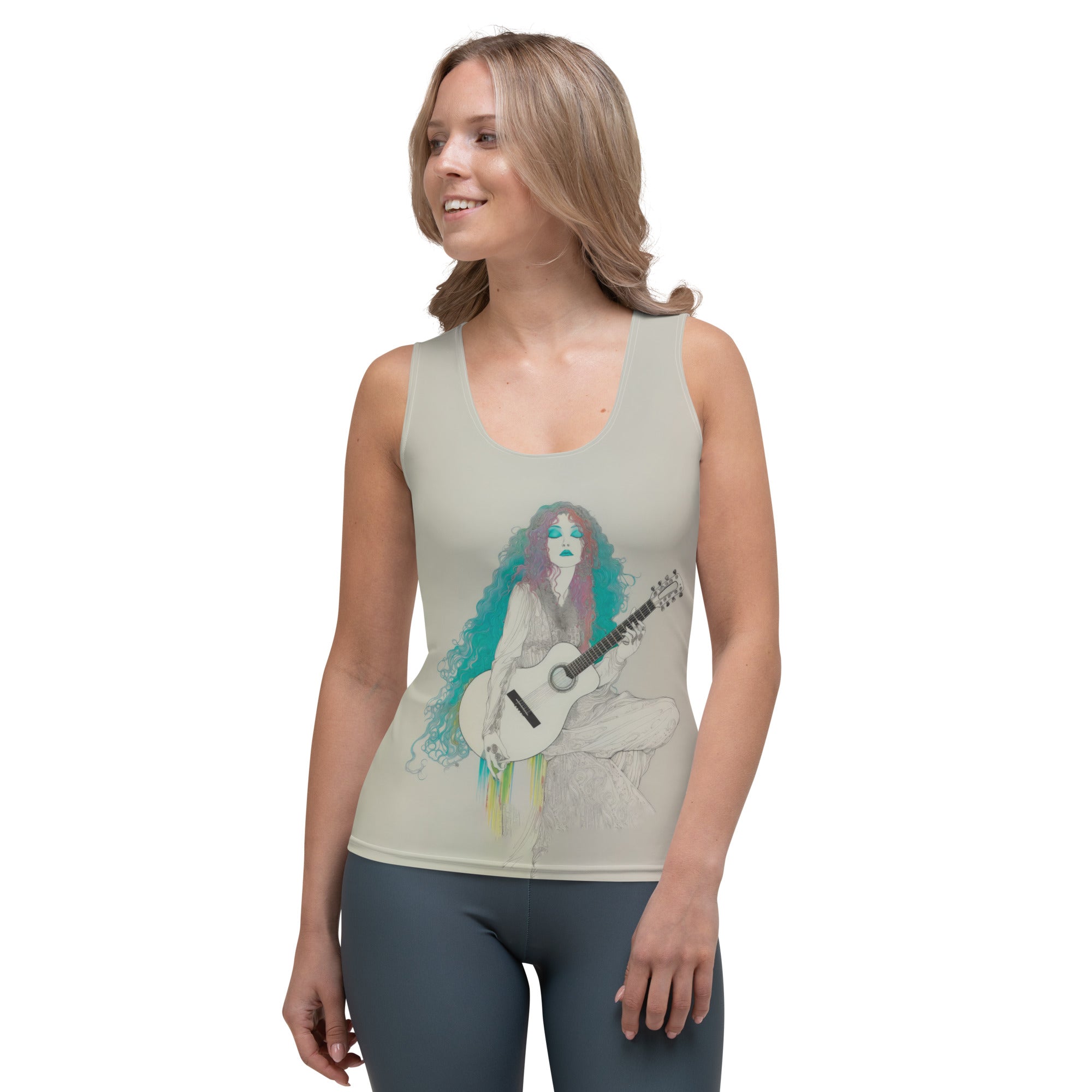 Lichtenstein-inspired pop art design on women's tank top.