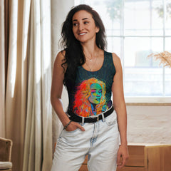 Woman wearing a Kaleidoscope Fantasy Tank Top with vibrant colors.