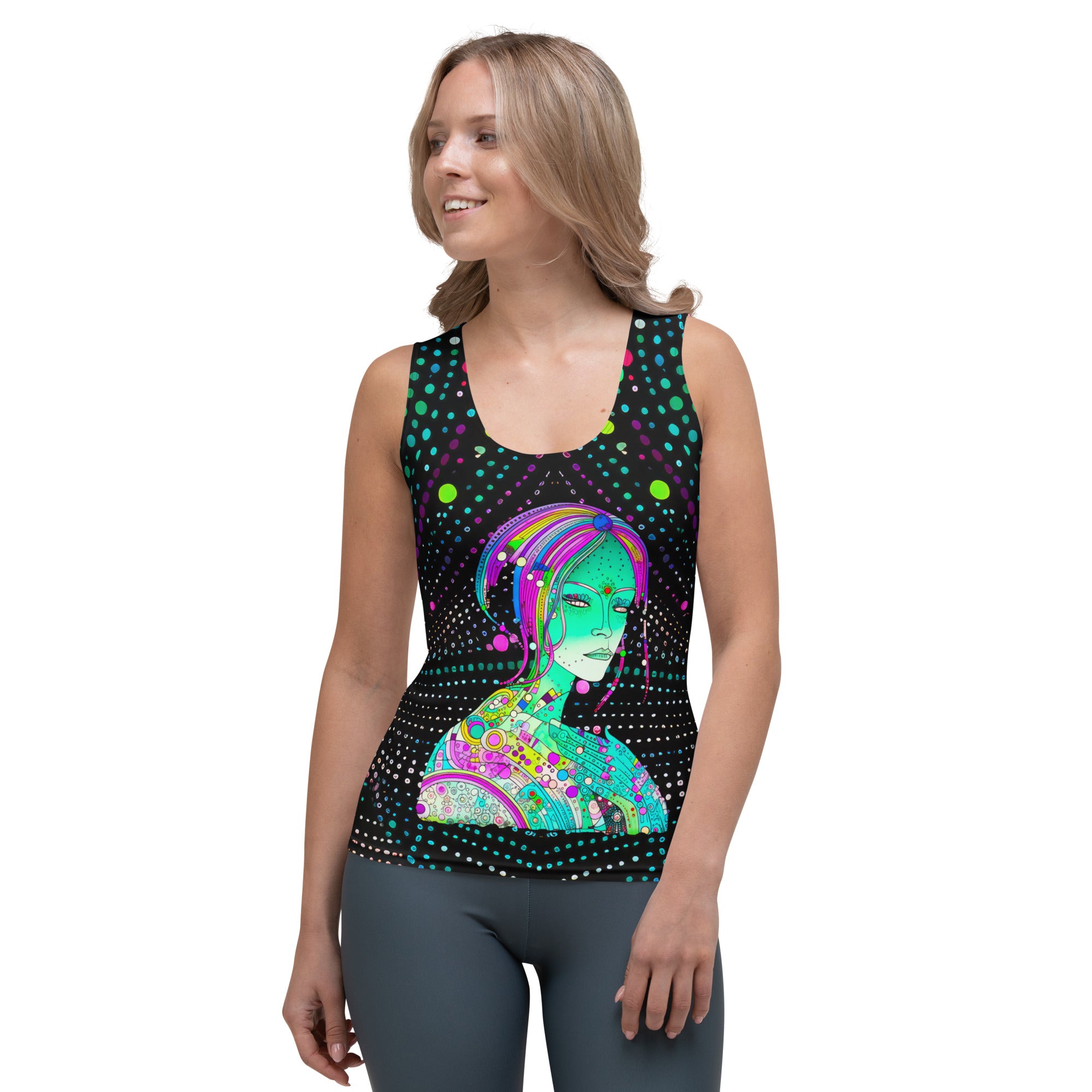 Woman wearing a Retro Comic Burst Tank Top, colorful summer fashion.