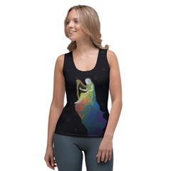 Woman wearing Harmony Blooms Women's Tank Top in a casual setting.