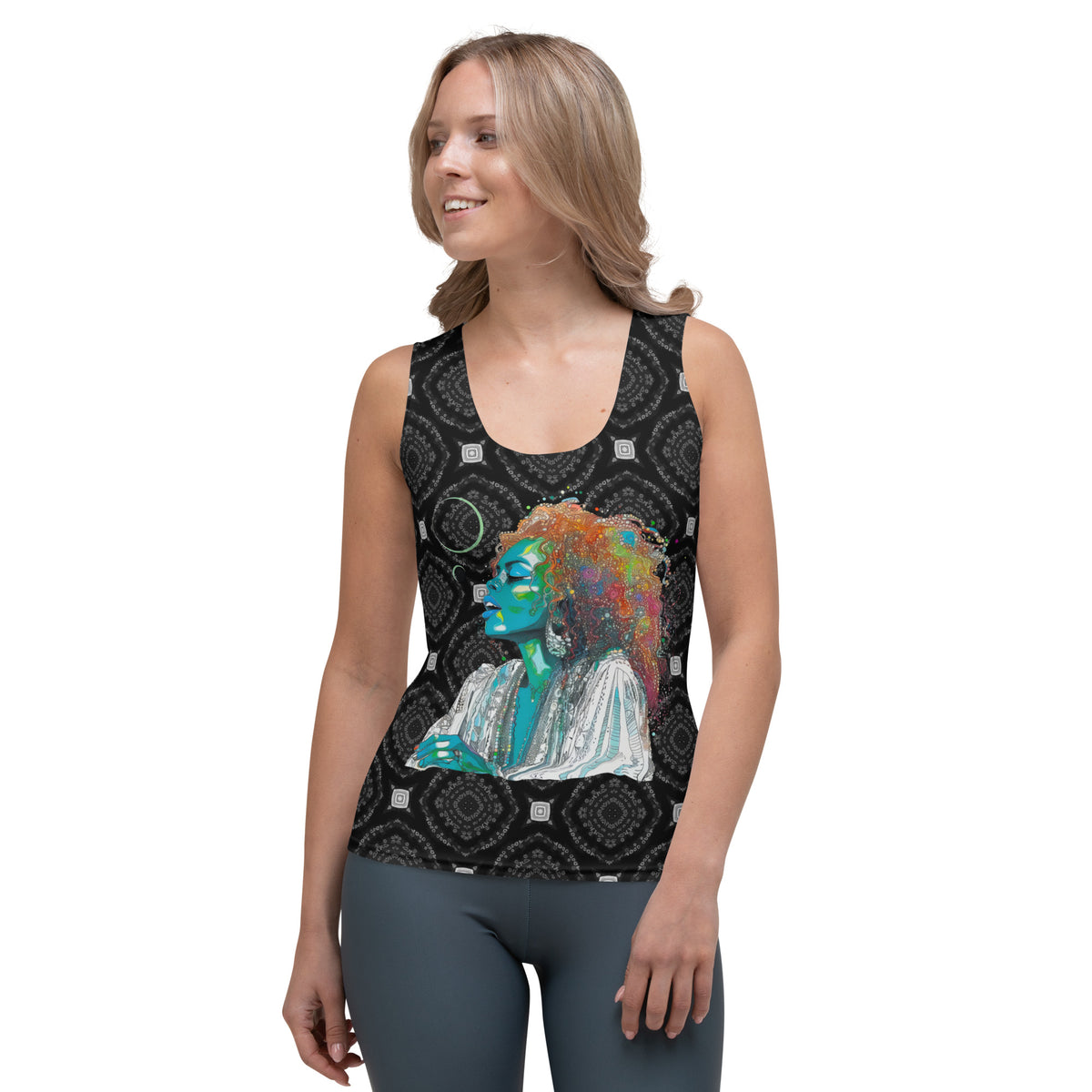 Model wearing Floral Fusion Women's Tank Top in a casual setting.