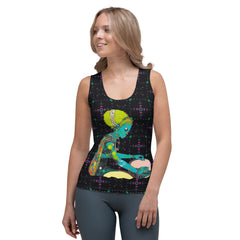 Model wearing Groovy Garden Women's Tank Top in a casual setting.