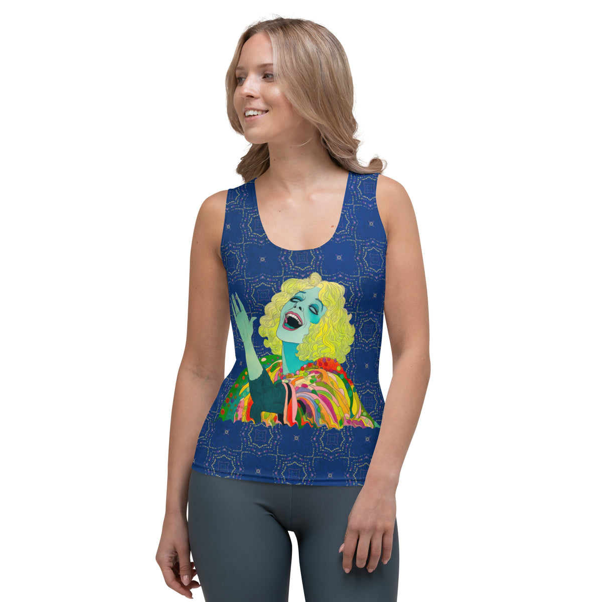 Model wearing Florals Fusion Women's Tank Top in a casual setting.