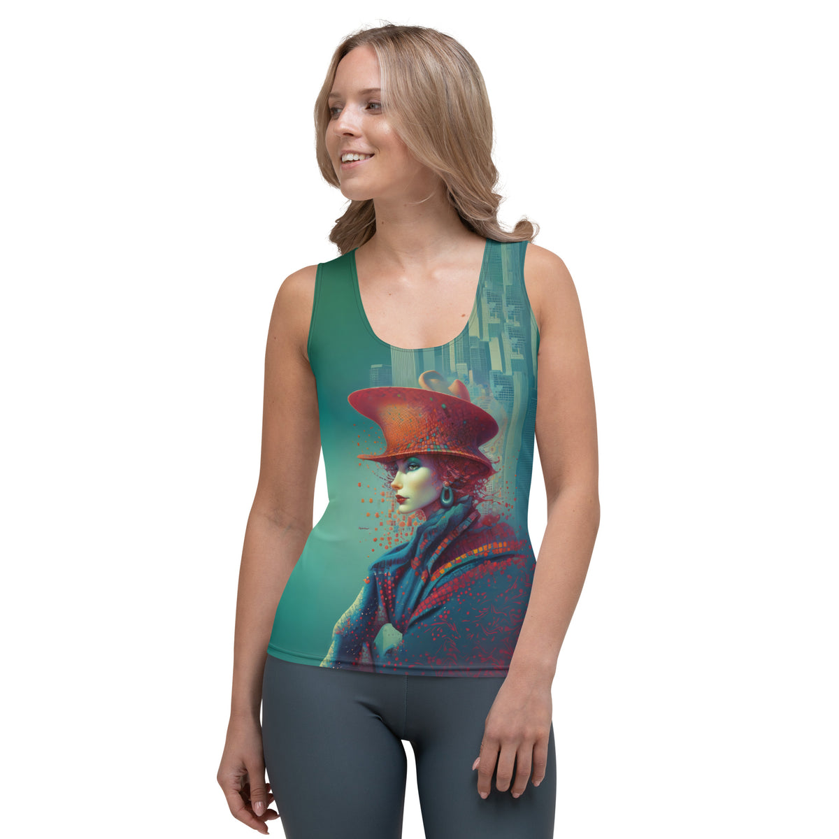 Woman wearing Vintage Verve tank top in elegant style.