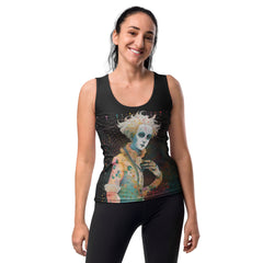 Woman wearing Sonic Groove Women's Tank Top with music pattern.