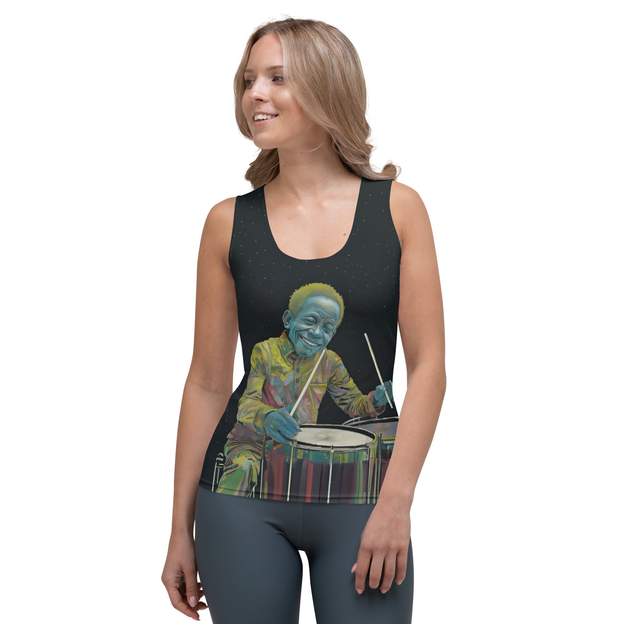 Stylish woman wearing Beat Flow Women's Tank Top outdoors.