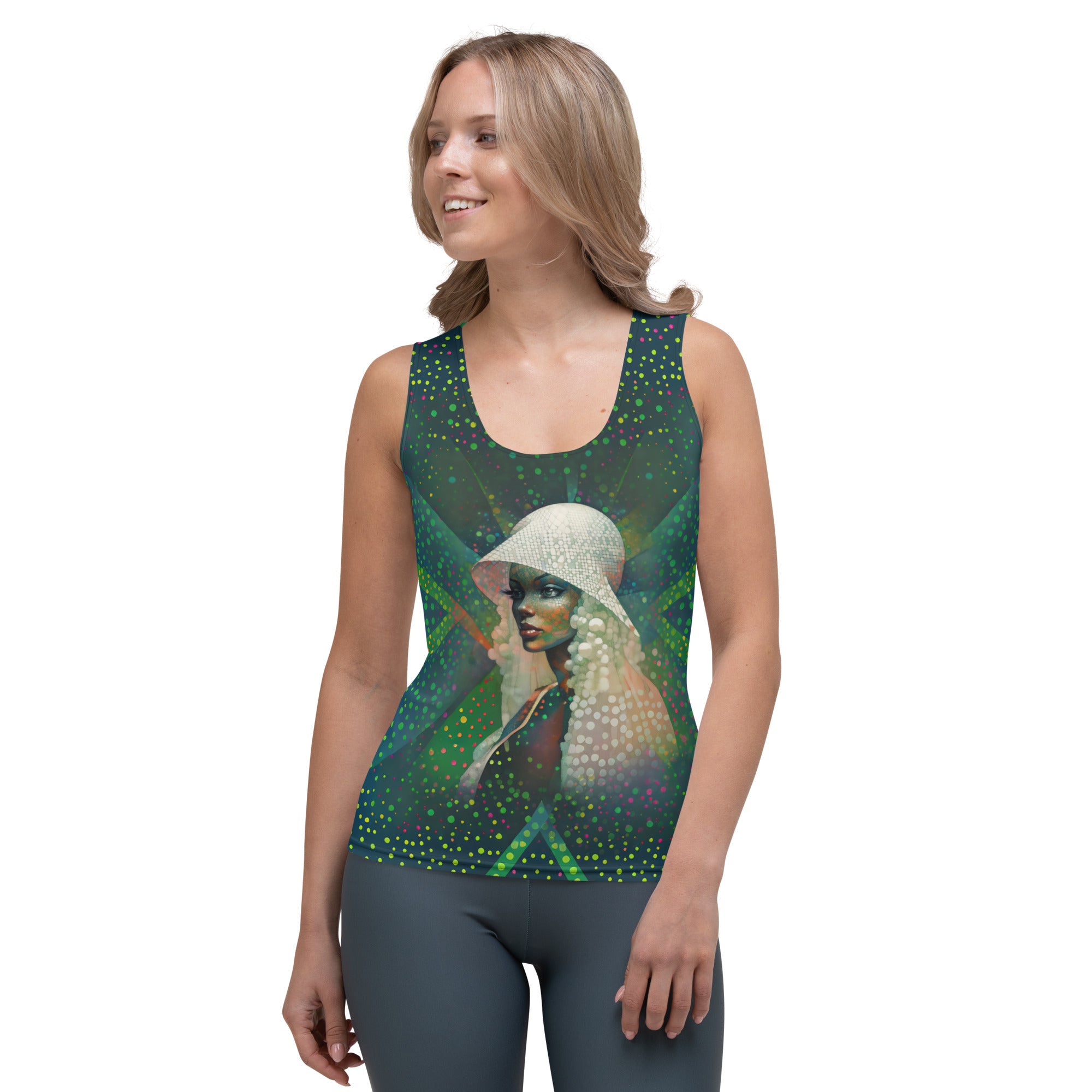 Cosmic Serenity All-Over Print Women's Tank Top in a stylish outfit.