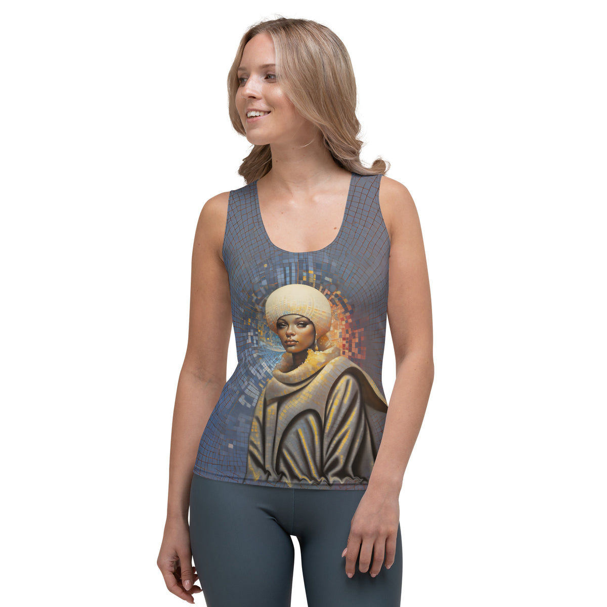 Cosmic Harmony All-Over Print Women's Tank Top in a stylish outfit.