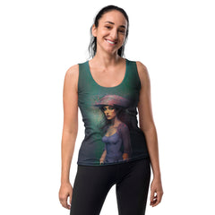 Retro Wave All-Over Print Women's Tank Top in a stylish outfit.