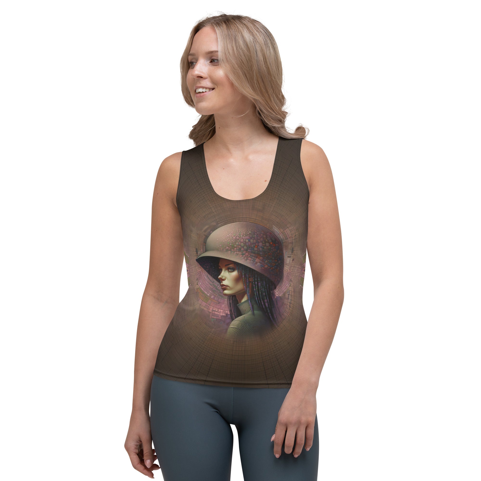 Galactic Dreams All-Over Print Women's Tank Top in a stylish outfit.