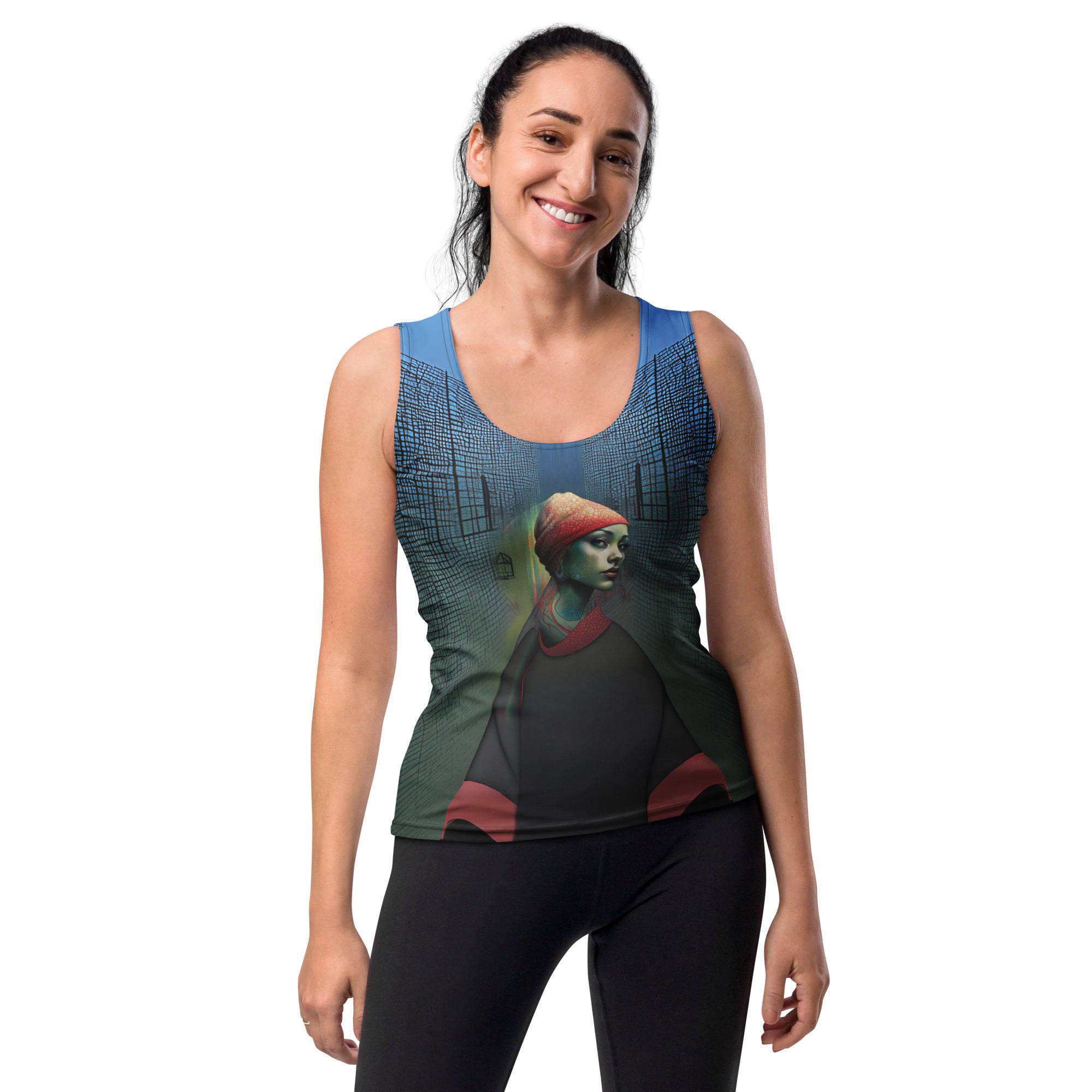 Oceanic Bliss All-Over Print Women's Tank Top in a stylish outfit.