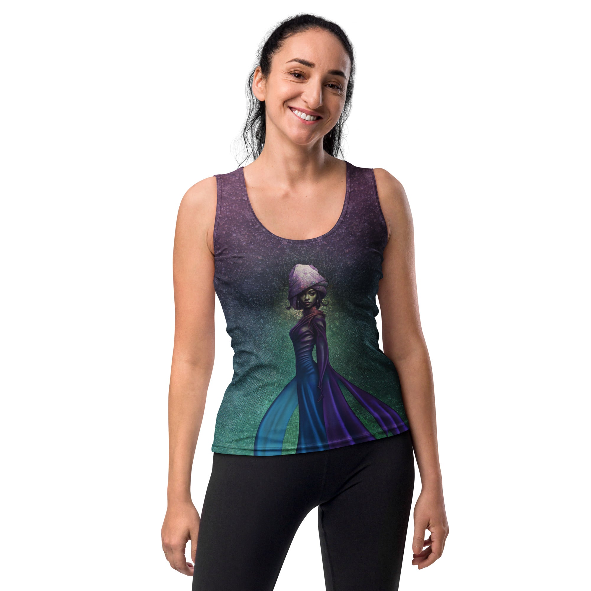 Galactic Glow All-Over Print Women's Tank Top in a stylish outfit.