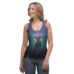 Cosmic Cascade All-Over Print Women's Tank Top in a stylish outfit.