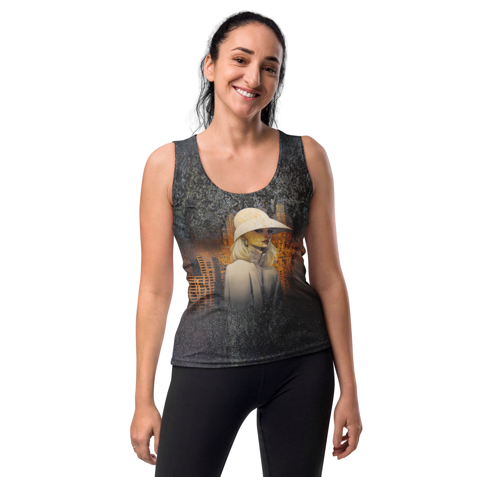 Mystic Waves All-Over Print Women's Tank Top in a stylish outfit.