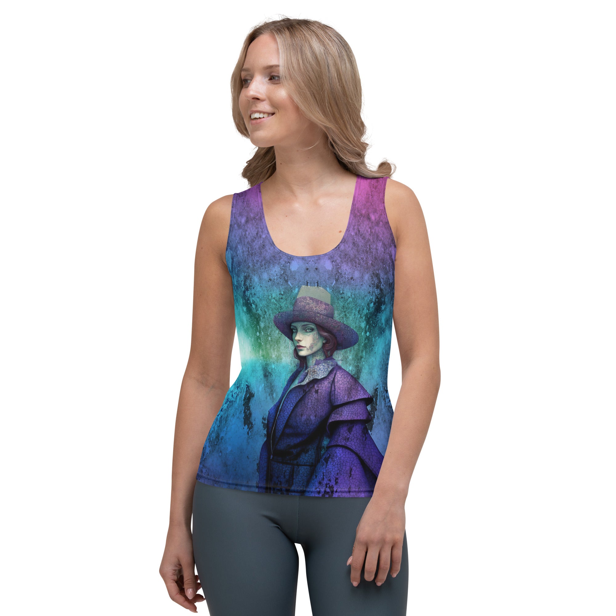 Artistic Aura All-Over Print Women's Tank Top in a stylish outfit.