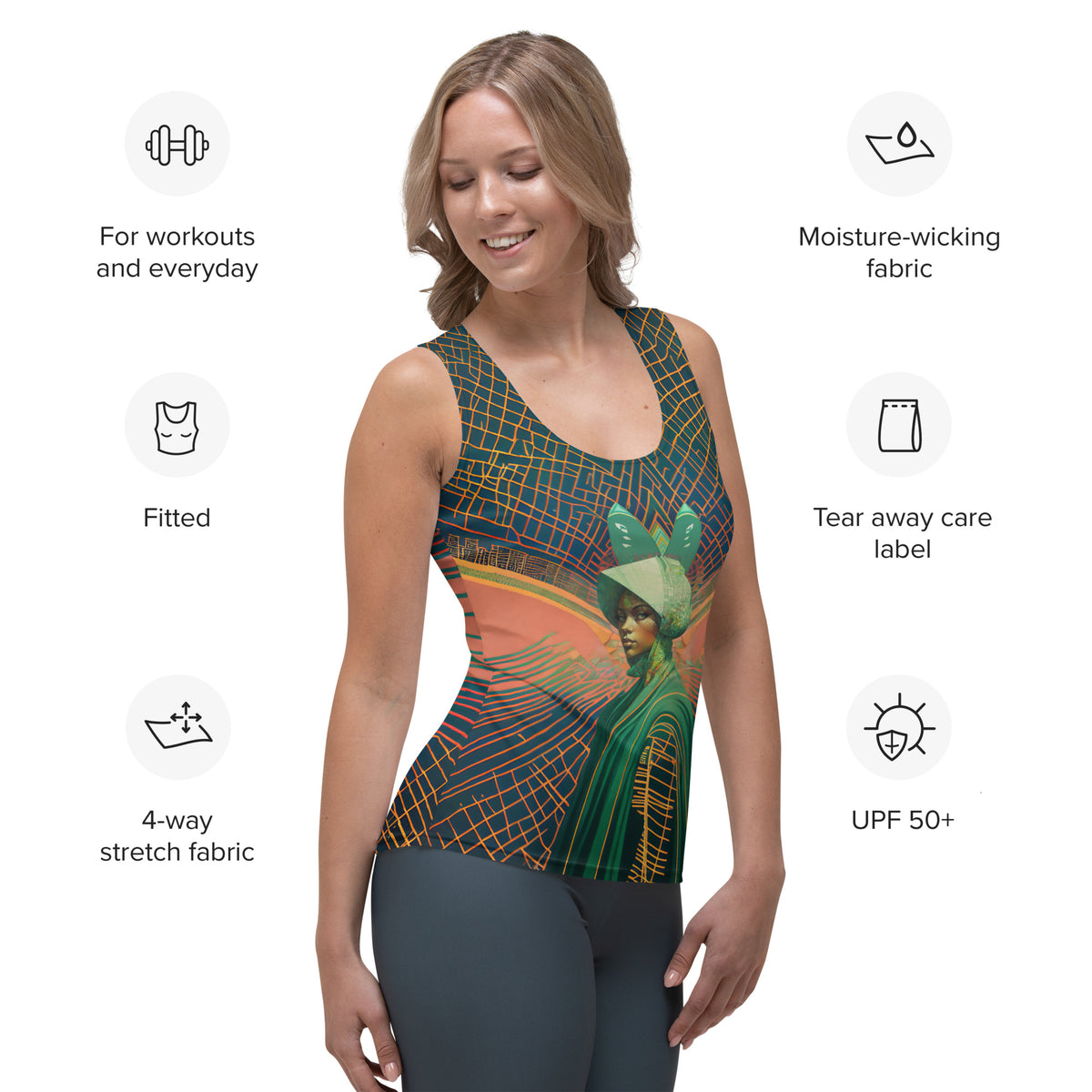 Serene Symphony All-Over Print Women's Tank Top in a stylish outfit.