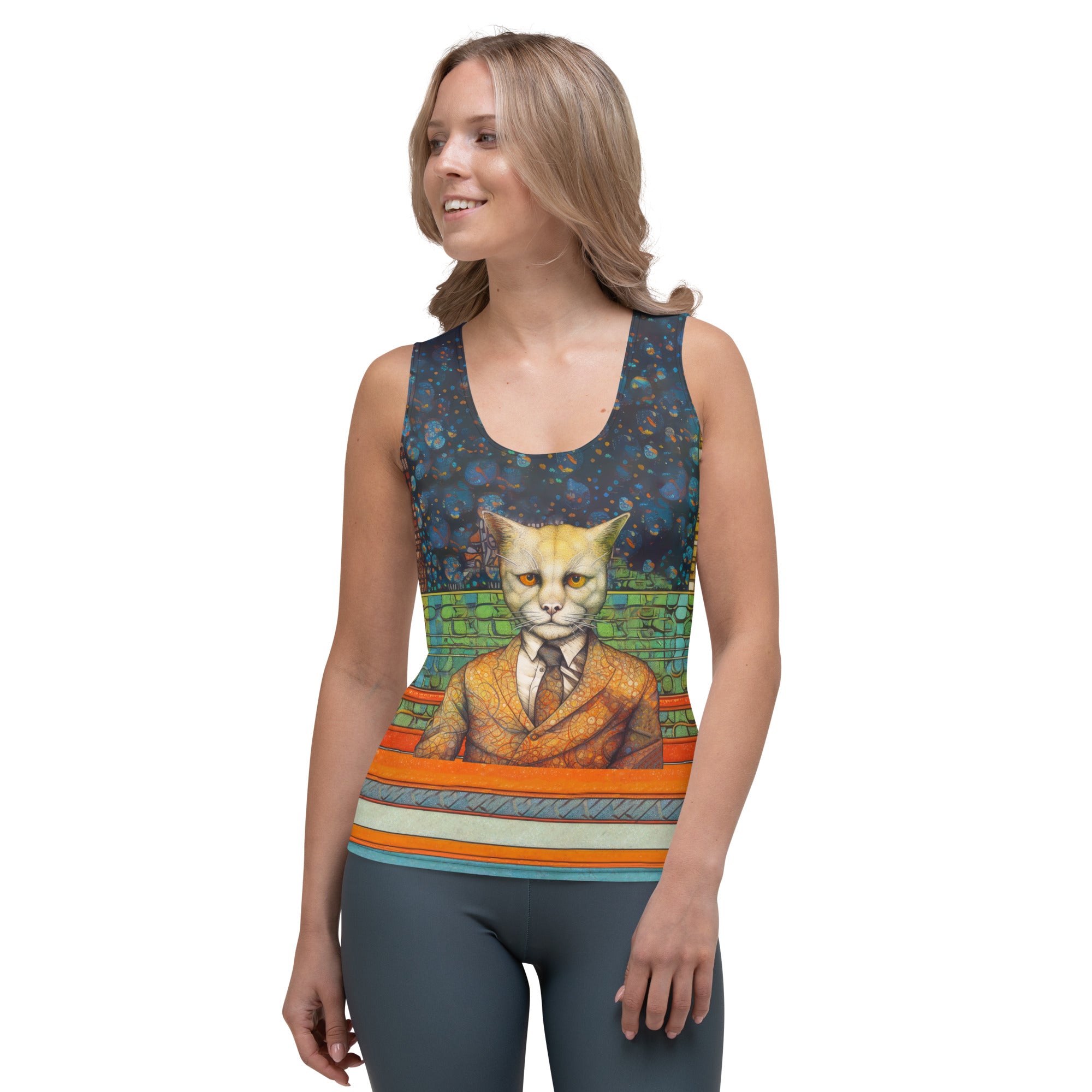 Cat Nap printed women's tank top on a model