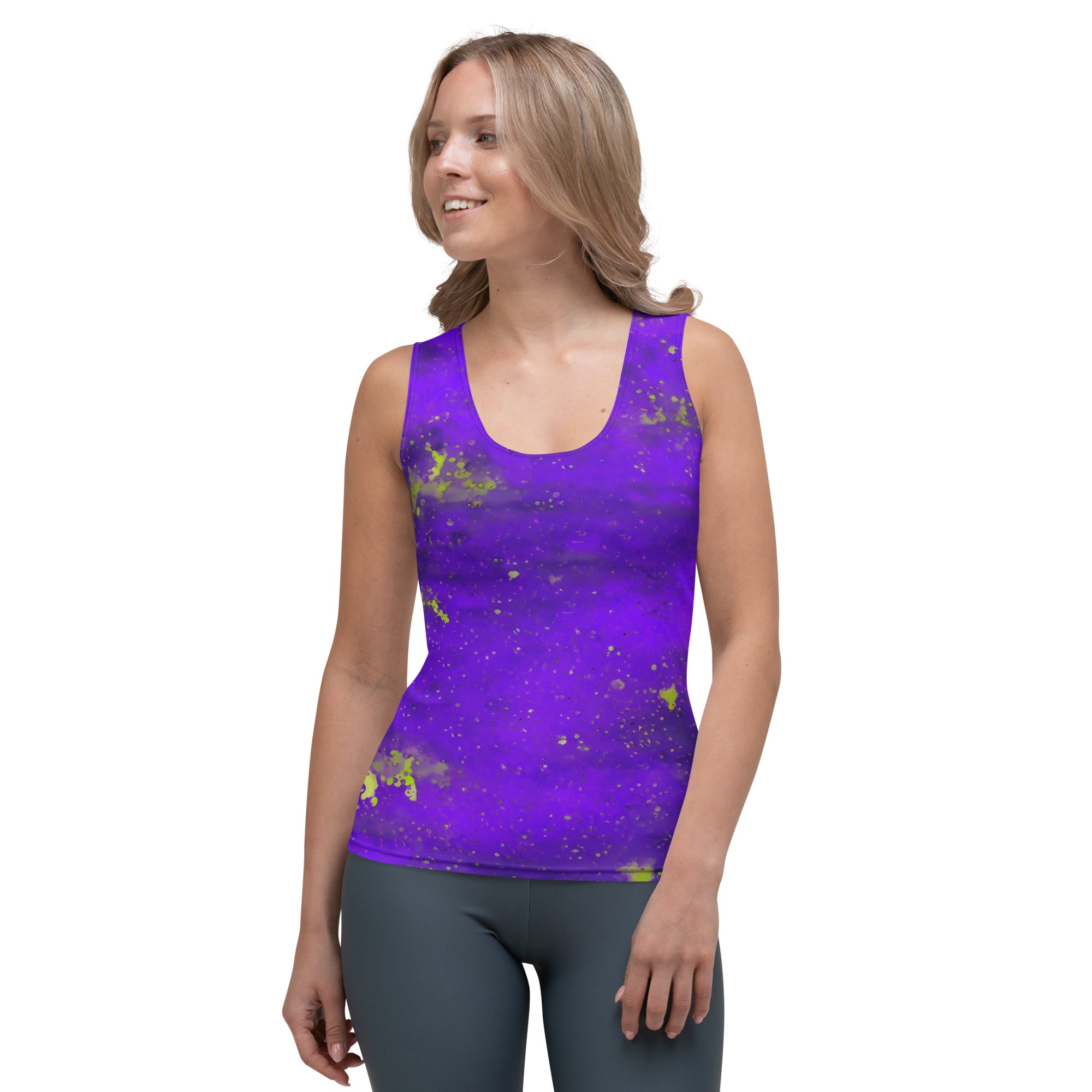 Women's tank top with abstract coffee stain design.