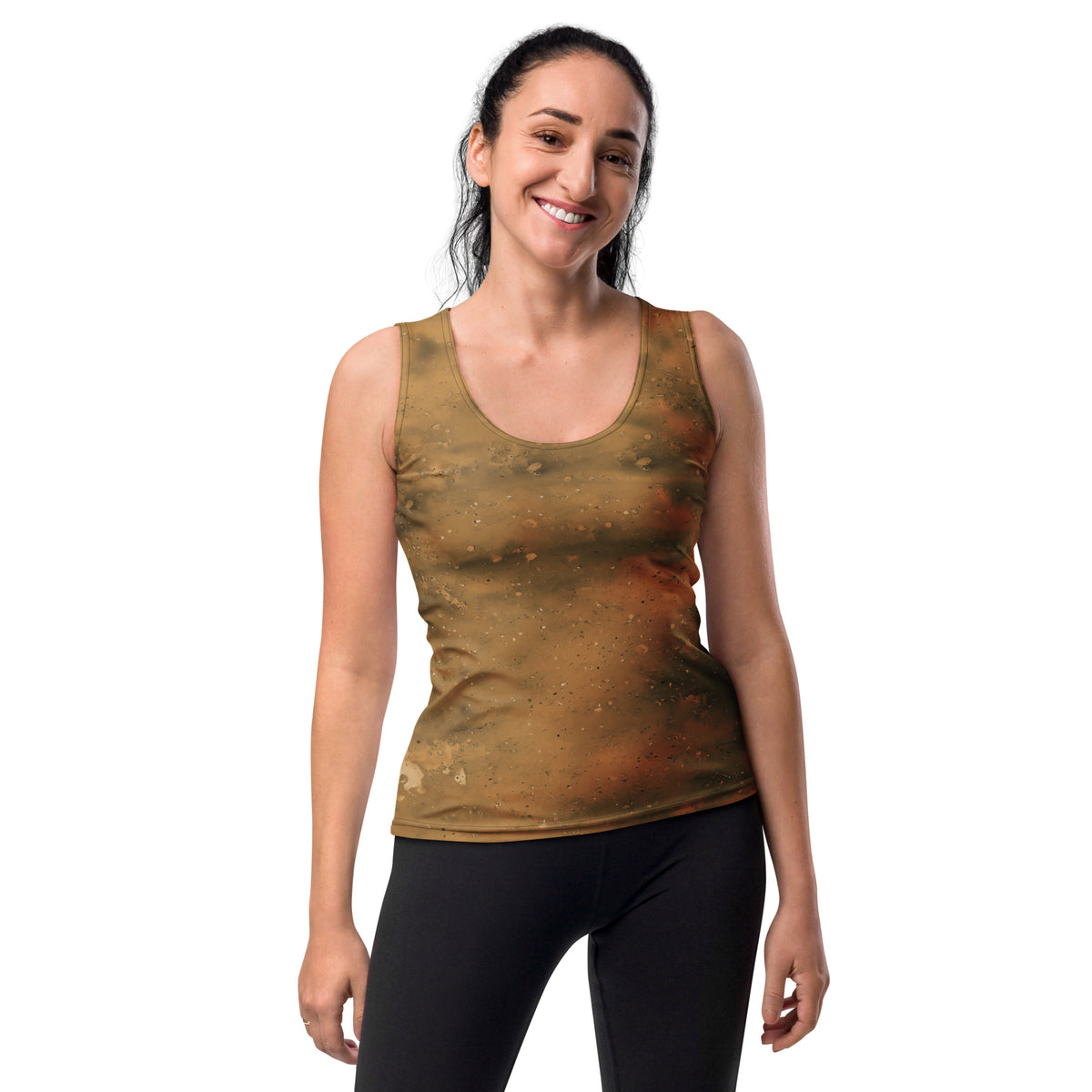 Women's tank top with mud splatter design for active wear.