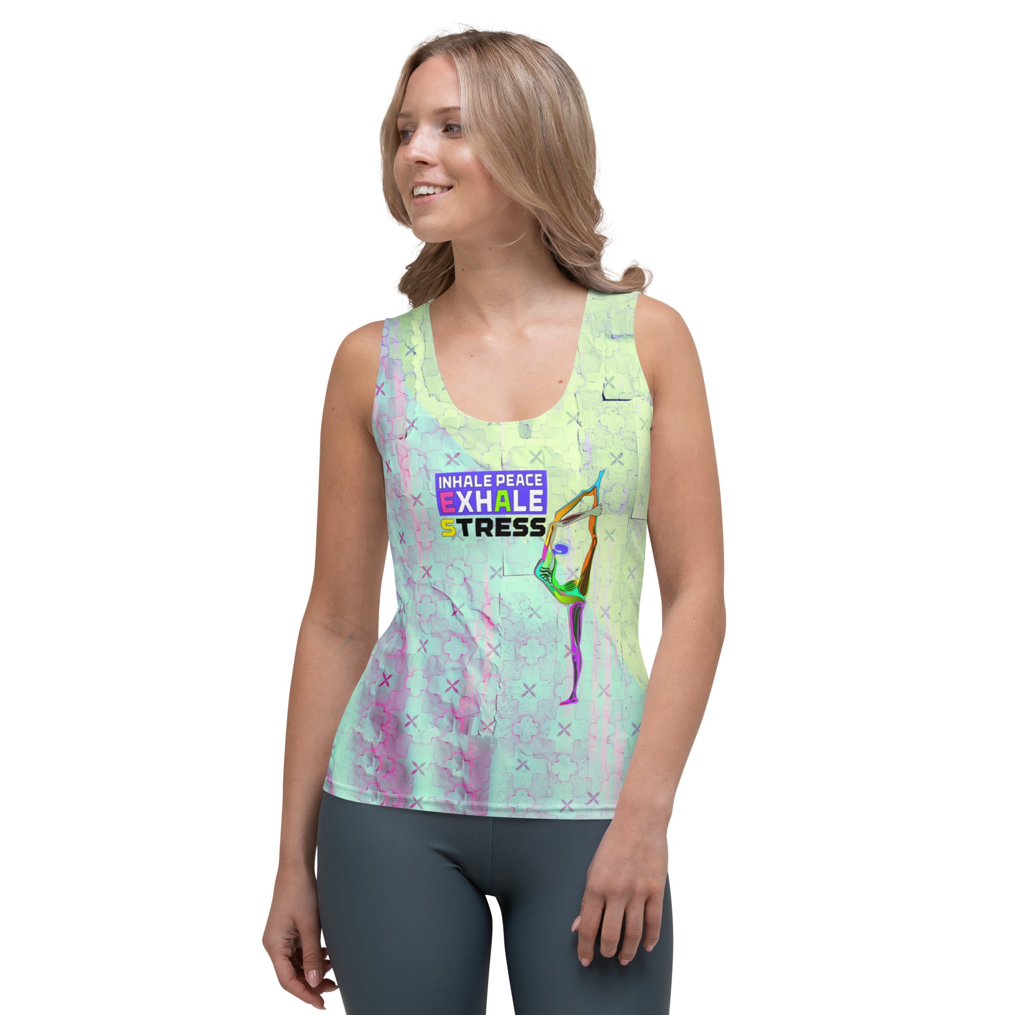 Nature-inspired Tranquil Tree pattern on women's tank top.