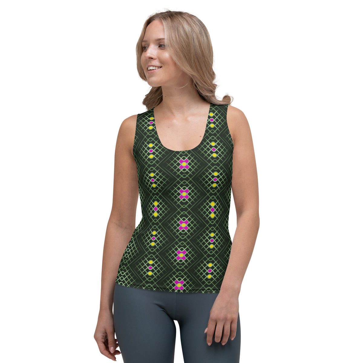 Woman wearing Floral Fantasy Tank Tee outdoors