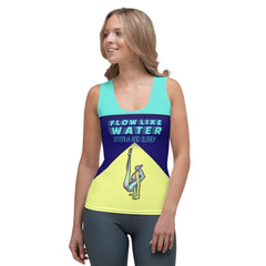 Cosmic Clarity printed women's tank top on model.
