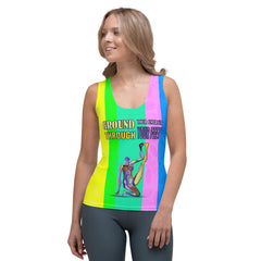 Woman wearing Garden Grace tank top outdoors.
