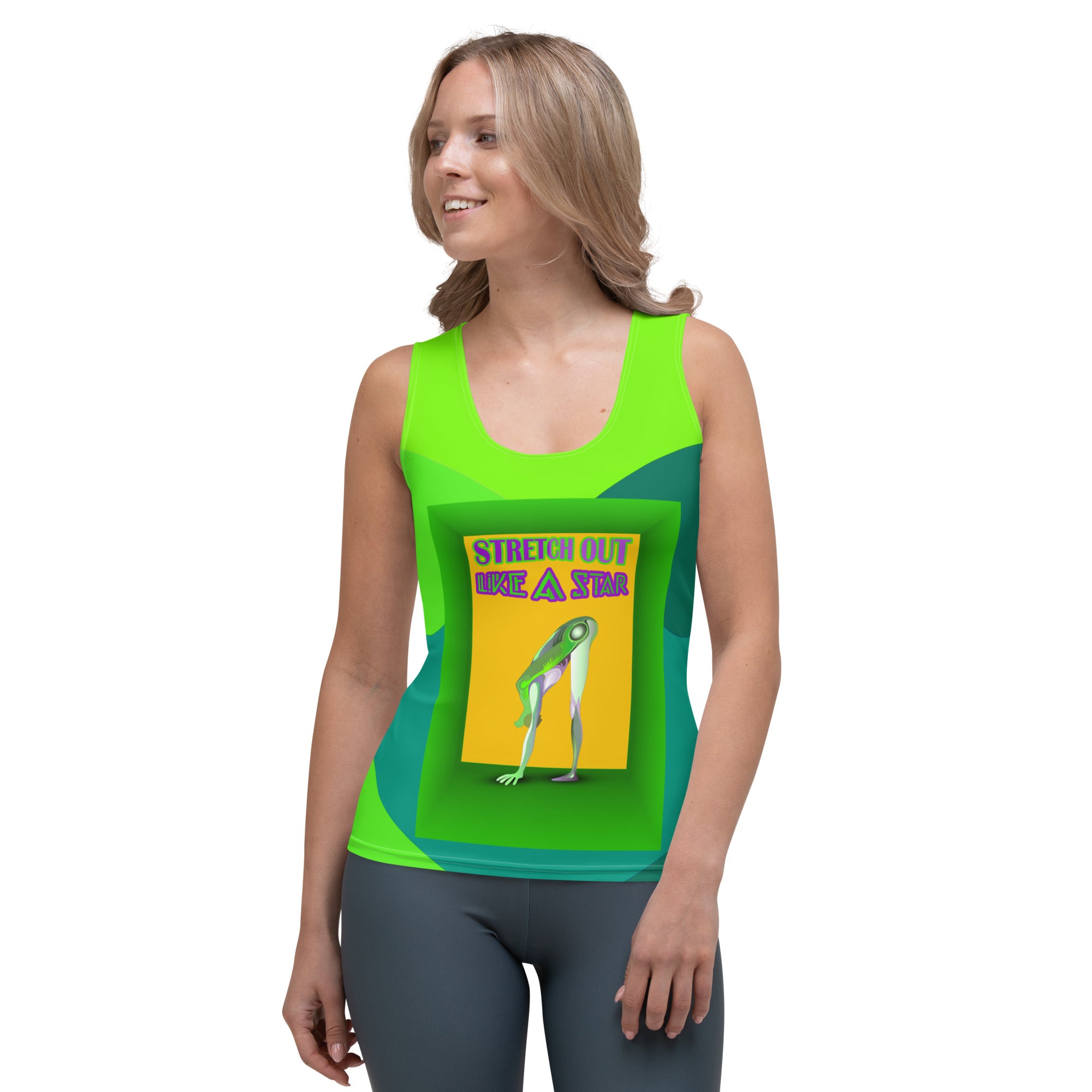 Woman wearing Flowing Freedom tank top in casual setting.
