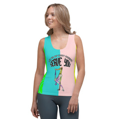 Balance Beam Women's Tank Top front view on model.