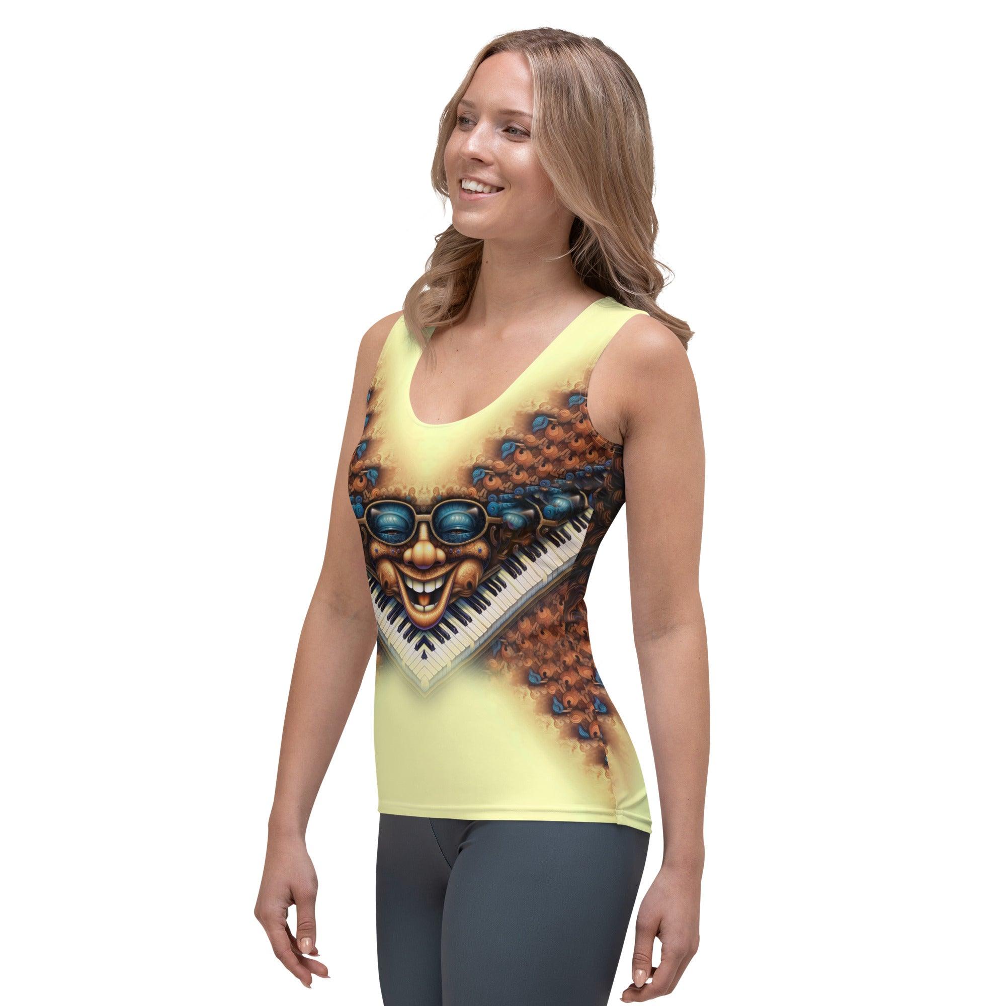 Model wearing Close Whispering-Wind-III sublimation tank top.