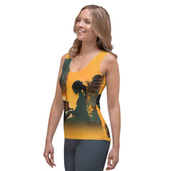 Model wearing NS-812 sublimation cut & sew tank top outdoors.