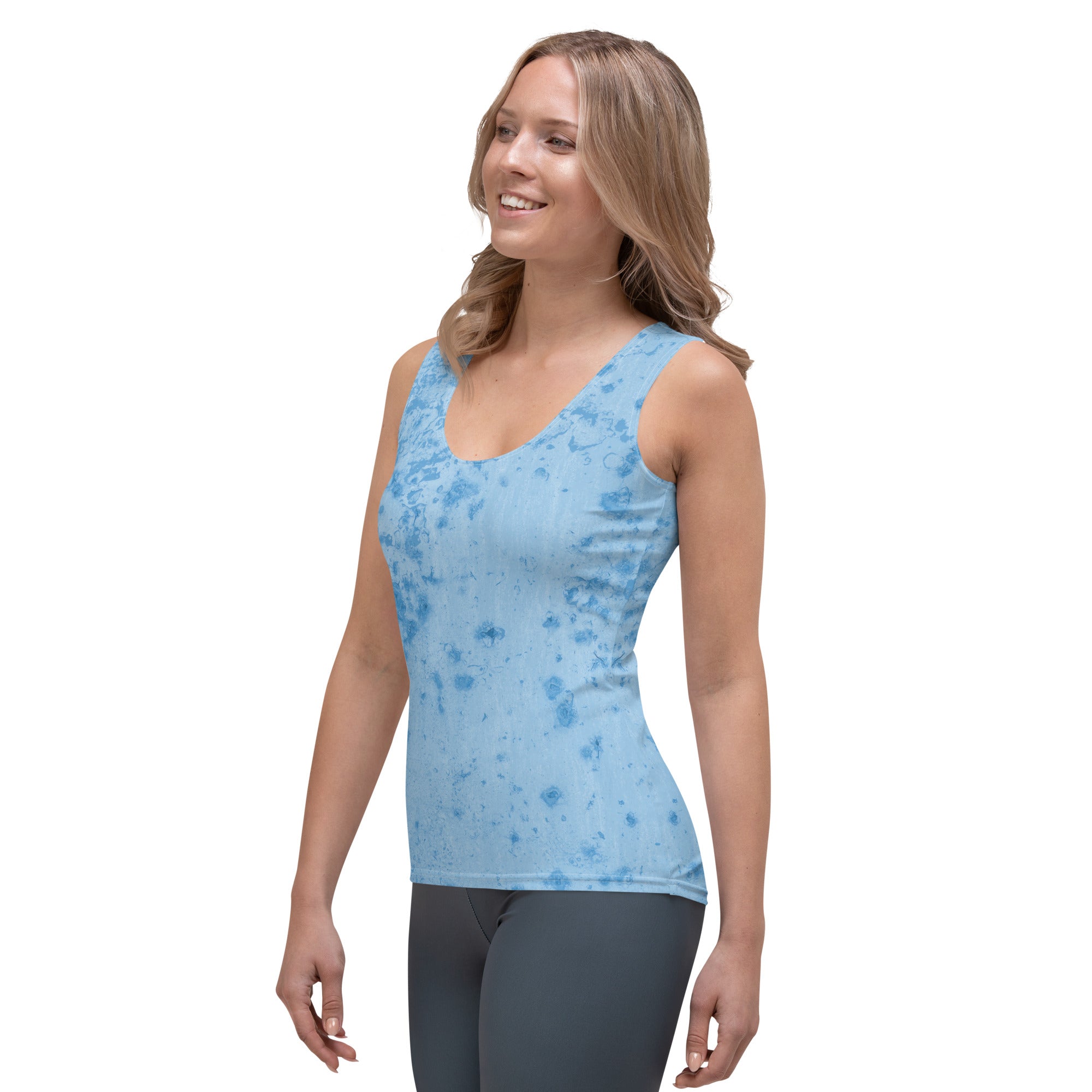 Fashionable Woman Wearing Suede Serenity Tank Top, Trendy Loo