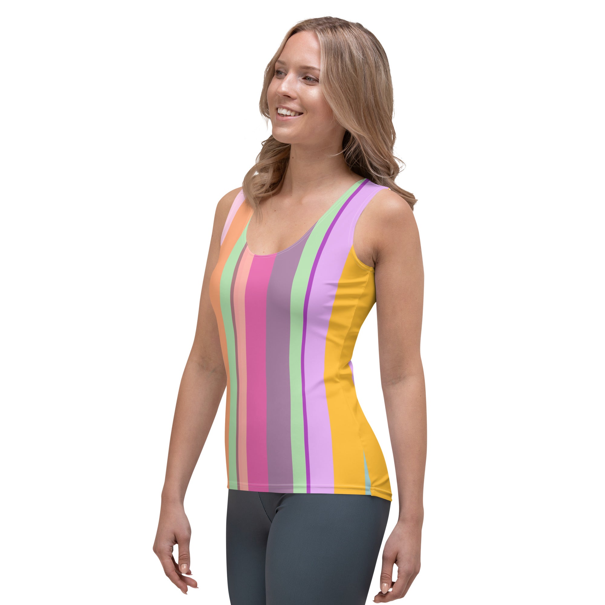 "Monochrome Chic Stripes Women's Tank Top on display, showcasing its elegant design."