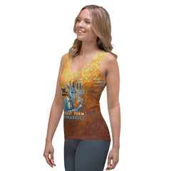 Woman wearing Fantasy Forest Fox tank top in natural setting