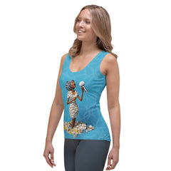 Light and airy women's tank top featuring sakura blossom pattern.