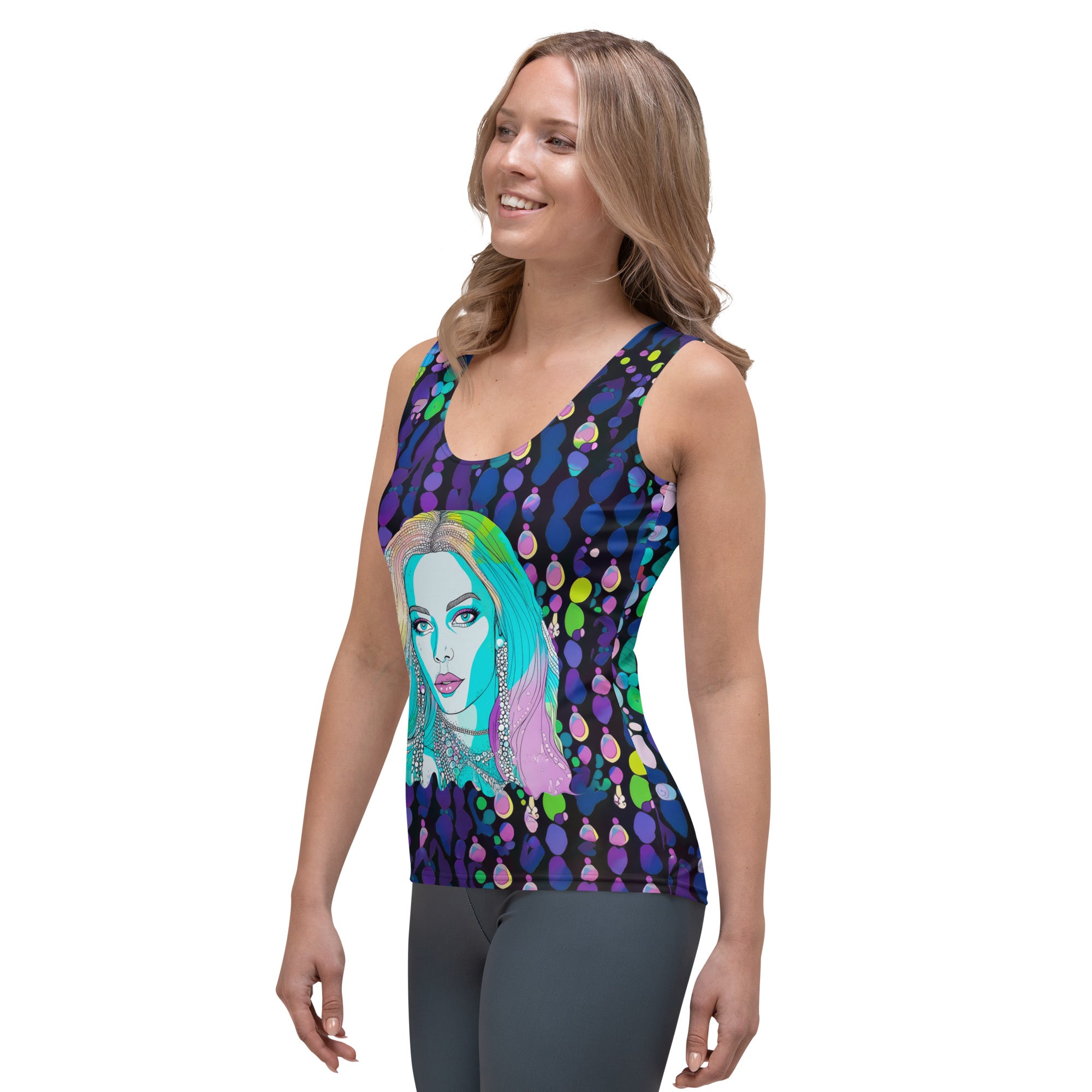 Close-up of the colorful Whimsical Pop print on women's tank top.