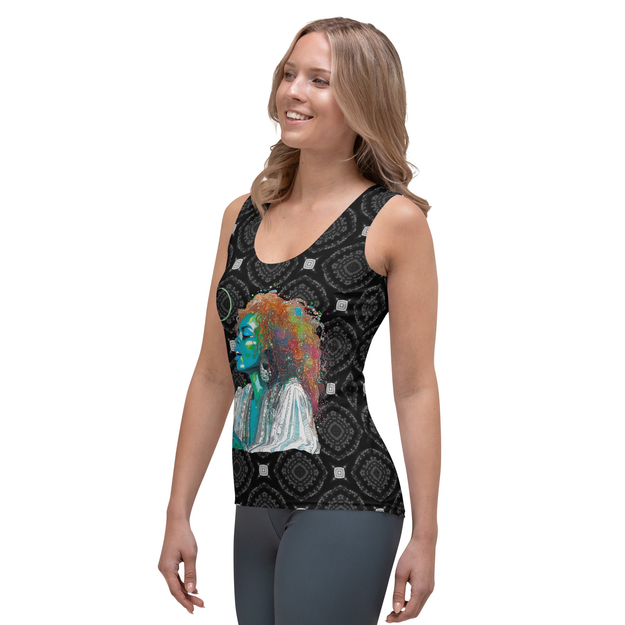 Floral Fusion Women's Tank Top on a clothing mannequin.