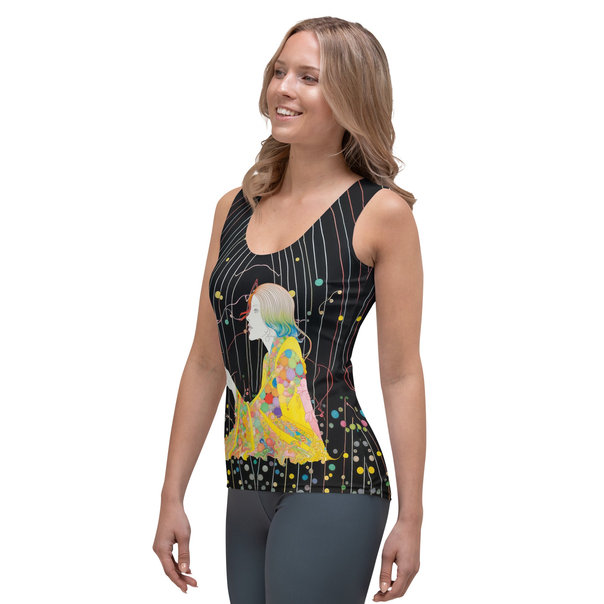 Model wearing Bohemian Blossoms Women's Tank Top in a casual setting.