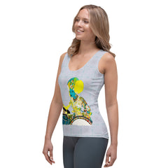 Model wearing Flower Child Revolution Women's Tank Top in a park.