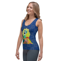 Florals Fusion Women's Tank Top displayed on a clothing rack.
