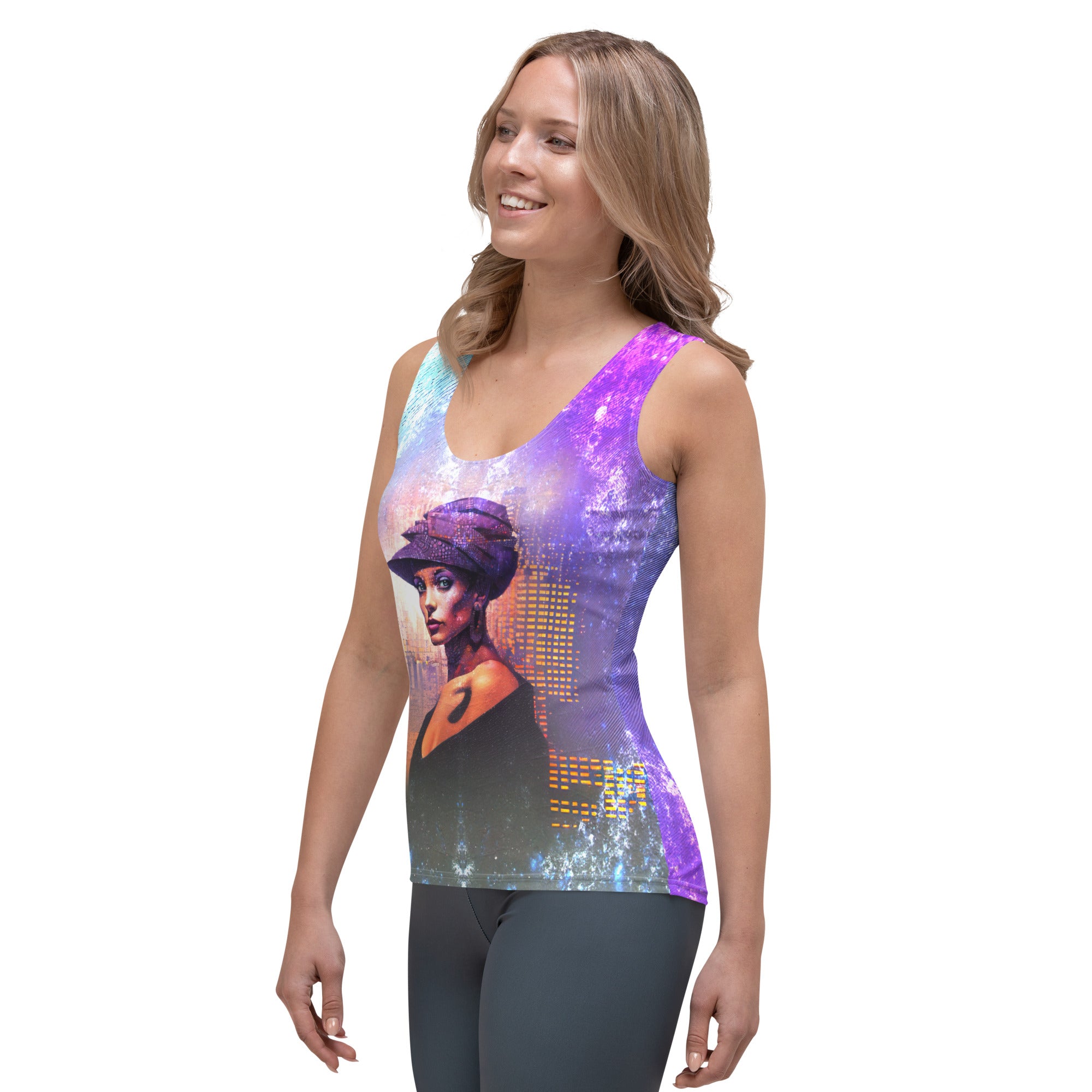 Chic Cascade All-Over Print Tank Top paired with leggings