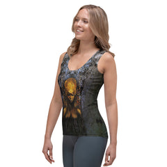 Elegant Art Deco women's tank top in lifestyle setting.